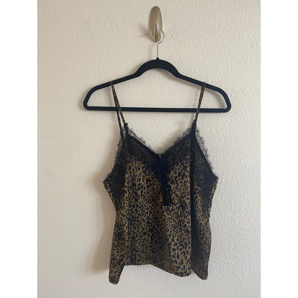 Lefties Cami Tank Top Women Small Brown Leopard Print Lace Trim Button Front